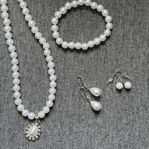 Pearl Necklace Bundle For Women Handmade Bracelet and Pear Earrings